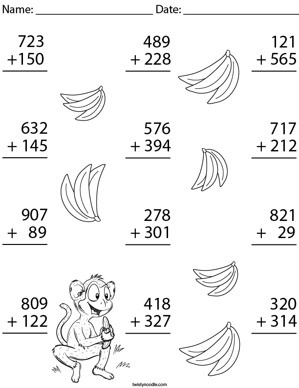 3 Digit Monkey Addition Math Worksheet - Twisty Noodle